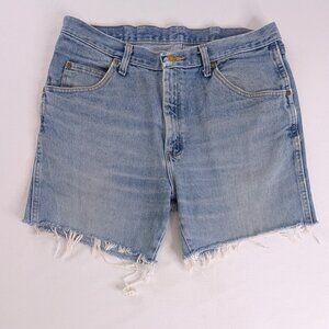 Wrangler VTG Light Wash Denim Raw Hem Long Length Cutoff Jean Shorts Jorts